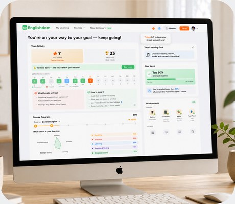 The Englishdom platform with a learning goal and progress on the screen